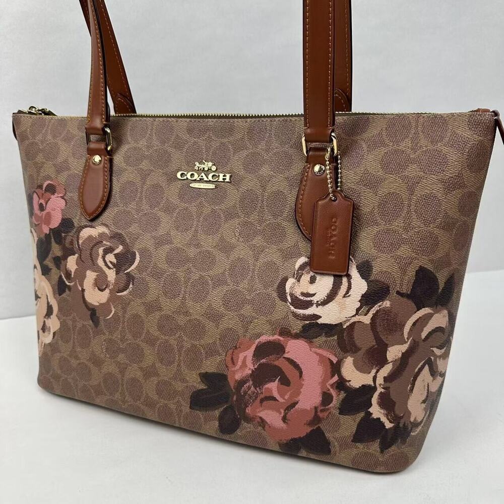 Coach Brown Floral Print Signature Canvas Tote with Pink Accents - Picture 11 of 13